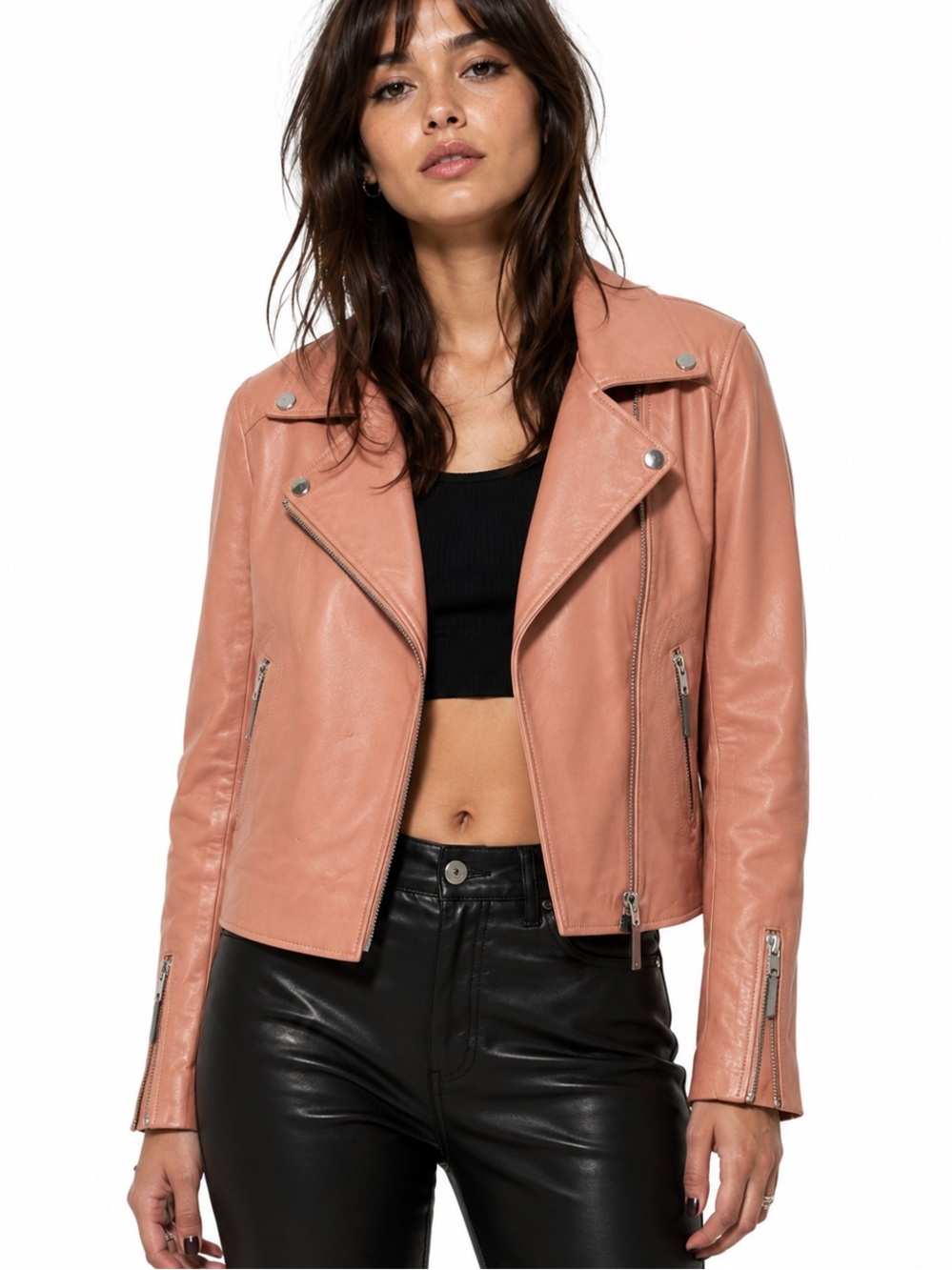 Women's Peach Leather Moto Jacket Karen Millen